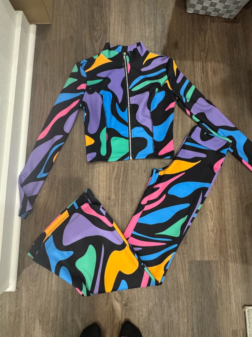 Colorful Abstract Print Zip-Up Jacket & Legging Set